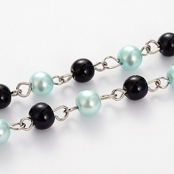Glass Pearl Round Beads Chains for Necklaces Bracelets Making, with Platinum Iron Eye Pin, Unwelded, Pale Turquoise, 39.3 inch, Bead: 6mm