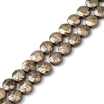 Electroplated Natural Lava Rock Beads Strands, Faceted, Flat Round, Antique Golden Plated, 10~10.5x4.5~5mm, Hole: 0.8~1mm, about 40pcs/strand, 16.14''(41cm)