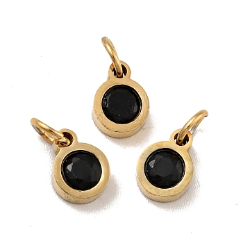 Vacuum Plating 304 Stainless Steel Pendants, with Cubic Zirconia and Jump Rings, Single Stone Charms, Flat Round, Golden, Black, 7.5x5.5x2.5mm, Hole: 3.6mm