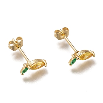 Brass Stud Earrings, with Cubic Zirconia and Ear Nuts, Horse Eye, Gold, Golden, 9x5mm, Pin: 0.7mm