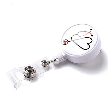 Stethoscope Pattern Glass Retractable Badge Reel, Nurse Badge Clip, ID Name Badge Holder, with Iron Alligator Clips, White, 85mm, Flat round: 43x32x21mm