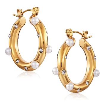 Shell Pearl Hoop Earrings with Cubic Zirconia, 430 Stainless Steel Half Hoop Earrings for Women, Golden, 25x4mm, Pin: 1mm