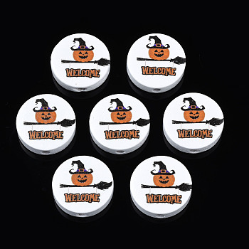 Halloween Printed Natural Wood Beads, Flat Round with Word Welcome, White, 19~20x5.9mm, Hole: 2~2.2mm