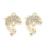 Alloy & Crystal Rhinestone Pendants, Dolphin Charms, Light Gold, 25x18x2.5~3mm, Hole: 1.8mm(PALLOY-T095-11KCG)