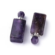 Faceted Natural Amethyst Openable Perfume Bottle Pendants, with 304 Stainless Steel Findings, Cuboid, Stainless Steel Color, 42~45x16.5~17x11mm, Hole: 1.8mm, Bottle Capacity: 1ml(0.034 fl. oz)(G-P435-C-02P)