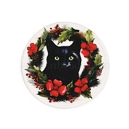 Christmas Theme Printed Acrylic Pendants, Cat with Christmas Wreath, Black, 47.5x2.5mm, Hole: 2mm(OACR-G043-04C)