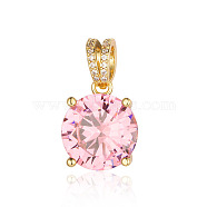 Brass Micro Pave Pink Cubic Zirconia Pendants, Flat Round Charms, Real 18K Gold Plated, 24x14x9mm(ZIRC-OY001-07G-02)