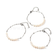 Natural Pearl Beaded Bracelet, with 304 Stainless Steel Satellite Chain, Antique White, 7.64 inch(194mm)(BJEW-JB06613)