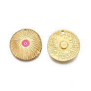304 Stainless Steel Enamel Pendants, Real 18K Gold Plated, Flat Round with Evil Eye, Hot Pink, 19.5x18.5x2mm, Hole: 1.2mm(STAS-N092-144B)