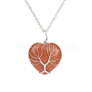 Synthetic Goldstone Heart Pendant Necklaces, Platinum Copper Wire Wrap Necklace, 20.47 inch(52cm)(PW-WG58330-04)