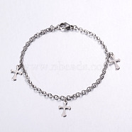 304 Stainless Steel Charm Bracelets, Cross, with Lobster Clasp, Stainless Steel Color, 7-1/2 inch~7-7/8 inch(19~20cm), 3mm(BJEW-G475-02P)