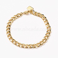 Brass Cuban Link Chain Bracelets, with Lobster Claw Clasps, Long-Lasting Plated, Word Good Luck, Real 18K Gold Plated, 7-1/2 inches(19cm)(BJEW-H537-05G)