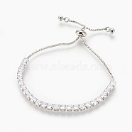 Brass Cubic Zirconia Bolo Tennis Bracelets, Slider Bracelets, Square, Clear, Platinum, 1-1/8 inch~2-5/8 inch(3~6.8cm)(BJEW-P232-01P-01)