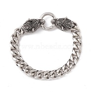 201 Stainless Steel Curb Chains Bracelet with Wolf Clasp for Women, Stainless Steel Color, 8-7/8 inch(22.5cm)(BJEW-E107-06P)