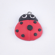 Handmade Polymer Clay Pendants, with Iron Findings, Ladybug, Platinum, Red, 29.5x24.5x10mm, Hole: 1.5mm(X-CLAY-S093-09)