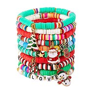 10Pcs 10 Styles Polymer Clay Heishi Beaded Stretch Bracelet Sets for Christmas, with Natural Pearl Beads and Alloy Enamel Pendants, Golden, Mixed Color, Inner Diameter: 2-1/8 inch(5.5cm), 1pc/style(BJEW-JB06128)