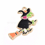 Halloween Alloy Enamel Pendants, Witch Charm, Golden, 25.5x28x1mm, Hole: 2mm(X-ENAM-M055-15G)