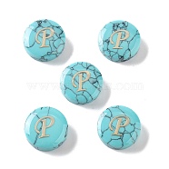 Synthetic Turquoise Beads, with Golden Tone Brass Slices, Flat Round with Letter, Letter P, 15x5.5mm, Hole: 1.4mm(G-A238-02P)