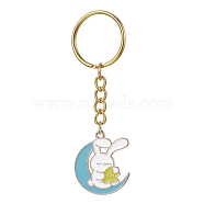 Moon with Rabbit Alloy Enamel Pendant Keychain, with Iron Split Key Rings, Rabbit, 8cm(KEYC-JKC00623-01)