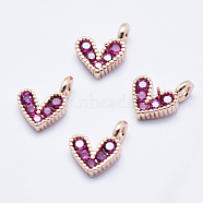 Brass Micro Pave Cubic Zirconia Charms, Long-Lasting Plated, Lead Free & Nickel Free & Cadmium Free, Heart, Hot Pink, Real Rose Gold Plated, 9.5x6.5x2mm, Hole: 1mm(RB-I078-66RG-NR)
