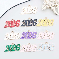 10Pcs Alloy Enamel Pendants, Number 2026 Charm, Light Gold, Mixed Color, 18x36x1mm, Hole: 3mm(PALLOY-D314-07KCG)