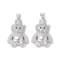 Brass Micro Pave Cubic Zirconia Pendants, Real Platinum Plated, Bear Charms, Clear, 28x18x5mm, Hole: 5x3mm(KK-M240-04F)