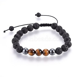 Natural Lava Rock and Non-Magnetic Synthetic Hematite Beads Braided Bead Bracelets, with Natural Tiger Eye, 2-1/8 inch~3 inch(5.3~7.8cm)(BJEW-JB03975-25)