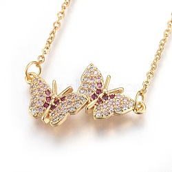 304 Stainless Steel Pendant Necklaces, with Cubic Zirconia, Butterfly, Clear, Golden, 18.5 inch(47.4cm), Pendant: 26x15.5x2.7mm(NJEW-O108-18G)
