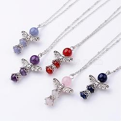 Natural Gemstone Pendant Necklaces, with Alloy Findings and Brass Chains, Angel, Mixed Color, 17.9 inch(NJEW-JN01645)