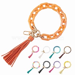 Chain Link Wristlet Keychain, Acrylic Bracelet Tassel Keychain, with Alloy Findings, Orange, 28cm(HJEW-SW00013-04)
