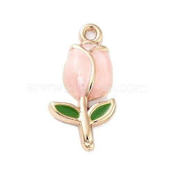 Golden Plated Alloy Enamel Pendants, Tulip Charms, Pink, 22x11x3mm, Hole: 1.6mm(ENAM-L047-01G-01)