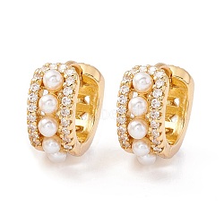 Real 18K Gold Plated Hollow Chunky Cubic Zirconia Huggie Hoop Earrings, Imitation Pearl Beaded Small Hoop Earrings for Girl Women, White, 6x16mm, Pin: 1mm(EJEW-I260-05G-NR)
