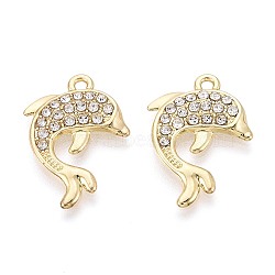 Alloy & Crystal Rhinestone Pendants, Dolphin Charms, Light Gold, 25x18x2.5~3mm, Hole: 1.8mm(PALLOY-T095-11KCG)