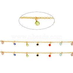 3.28 Feet Brass Rolo Chains, with Glass Cubic Zirconia Charms, Soldered, Long-Lasting Plated, Flat Round, Colorful, Real 18K Gold Plated, 2x2x0.8mm(X-CHC-I033-05G)