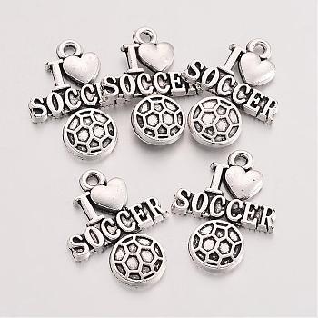 Tibetan Style Zinc Alloy Pendants, Sports Charms, FootBall/Soccer Ball with Word, Lead Free & Cadmium Free, Antique Silver, 22x16.7x2mm, Hole: 1.5mm, about 333pcs/500g