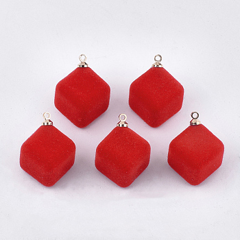 Flocky Acrylic Pendants, with Brass Findings, Cube, Golden, Red, 24x17.5x17mm, Hole: 1.6mm