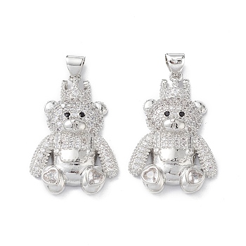 Brass Micro Pave Cubic Zirconia Pendants, Real Platinum Plated, Bear Charms, Clear, 28x18x5mm, Hole: 5x3mm