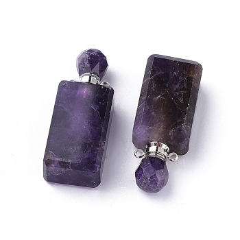 Faceted Natural Amethyst Openable Perfume Bottle Pendants, with 304 Stainless Steel Findings, Cuboid, Stainless Steel Color, 42~45x16.5~17x11mm, Hole: 1.8mm, Bottle Capacity: 1ml(0.034 fl. oz)