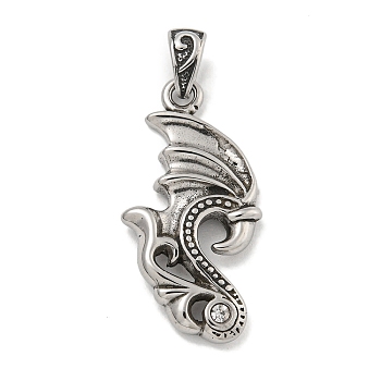 316 Surgical Stainless Steel Pendants, with Rhinestones, Dragon Charm, Antique Silver, 34x17x3.8mm, Hole: 5.4x3.9mm