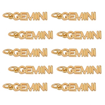 10Pcs Brass Pendants, with Jump Rings, Long-Lasting Plated, Constellation/Zodiac Sign, Golden, Gemini, Gemini: 4x19x1.5mm, Hole: 3mm