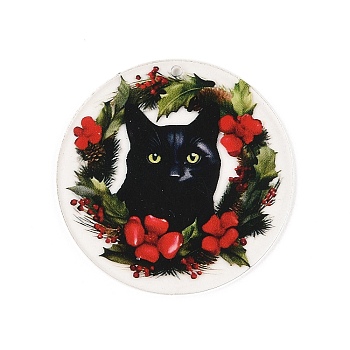 Christmas Theme Printed Acrylic Pendants, Cat with Christmas Wreath, Black, 47.5x2.5mm, Hole: 2mm