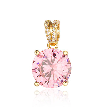 Brass Micro Pave Pink Cubic Zirconia Pendants, Flat Round Charms, Real 18K Gold Plated, 24x14x9mm