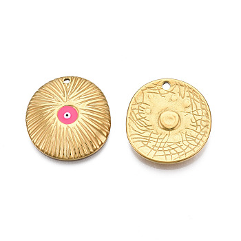 304 Stainless Steel Enamel Pendants, Real 18K Gold Plated, Flat Round with Evil Eye, Hot Pink, 19.5x18.5x2mm, Hole: 1.2mm