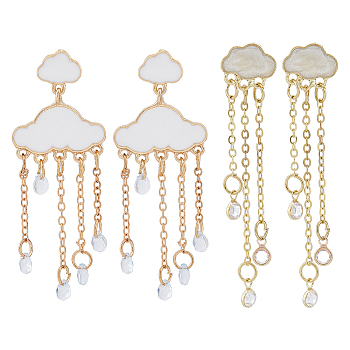 2 Pairs 2 Style Alloy Cloud Chandelier Earrings, Cubic Zirconia Tassel Earrings, Golden, 65~69x13.5~23mm, 1 pair/style