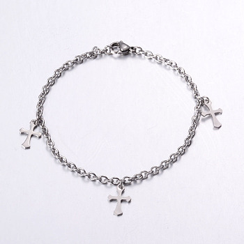 304 Stainless Steel Charm Bracelets, Cross, with Lobster Clasp, Stainless Steel Color, 7-1/2 inch~7-7/8 inch(19~20cm), 3mm