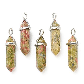 Natural Unakite Pointed Pendants, with Platinum Tone Brass Findings, Bullet, 39.5x12x11.5mm, Hole: 4.5x2.8mm