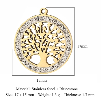 Titanium Steel Rhinetone Pendants, Flat Round, Tree of Life, Golden, 17x15mm