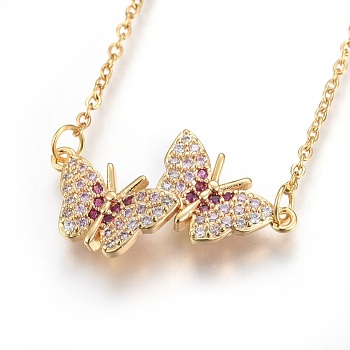 304 Stainless Steel Pendant Necklaces, with Cubic Zirconia, Butterfly, Clear, Golden, 18.5 inch(47.4cm), Pendant: 26x15.5x2.7mm