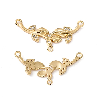 Brass Micro Pave Clear Cubic Zirconia Connector Charms, Leaf Links, Real 18K Gold Plated, 15x29x2mm, Hole: 1.2mm & 1.5mm