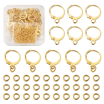 Brass Huggie Hoop Earring Findings & Open Jump Rings, with Loop, Long-Lasting Plated, Golden, 250pcs/box